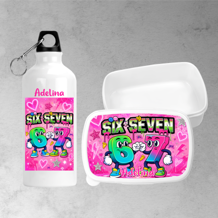 Seturi promoționale - Set lunchbox și bidon de apă personalizat cu nume - Six Seven - Model fetiță