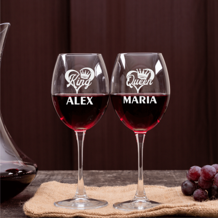 Pahare de vin - Set pahare de vin personalizate - King & Queen - Nume