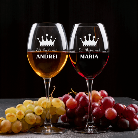 Pahare de vin - Set pahare de vin personalizate - Rege - Regina - Nume