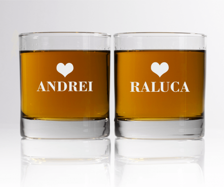 Pahare de whisky - Set pahare de whisky personalizate - Nume și Inimioară