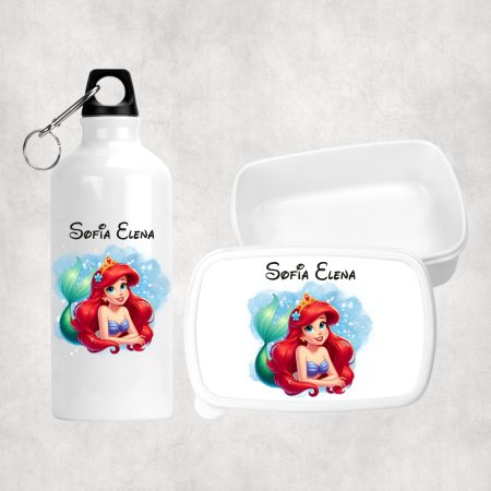 Cadouri pentru copii - Set personalizat cu nume - Lunch box și bidon apă - Ariel - Mica sirenă