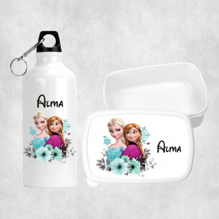 Seturi promoționale - Set personalizat cu nume - Lunch box și bidon apă - Frozen - Ana și Elsa