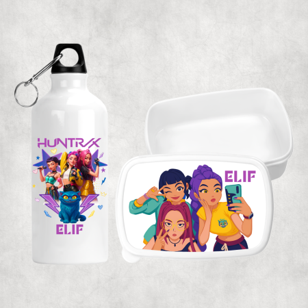 Cadouri pentru copii - Set personalizat cu nume - Lunch box și bidon apă - K-pop Demon hunters
