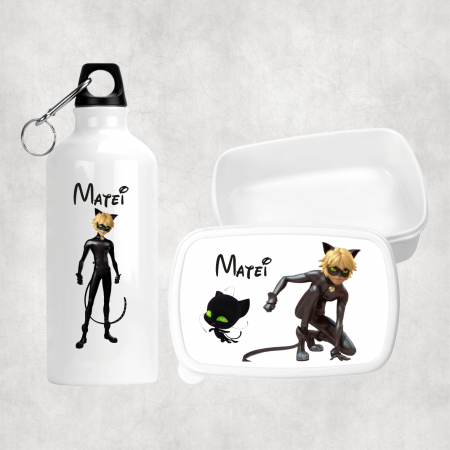 Seturi promoționale - Set personalizat cu nume -  Lunch box și bidon apă - Miraculous - Motan Noir