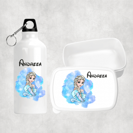 Seturi promoționale - Set personalizat cu nume - Lunch box și bidon apă - Regatul de gheață - Elsa