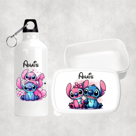 Cadouri pentru copii - Set personalizat cu nume - Lunch box și bidon apă - Stitch și Angel
