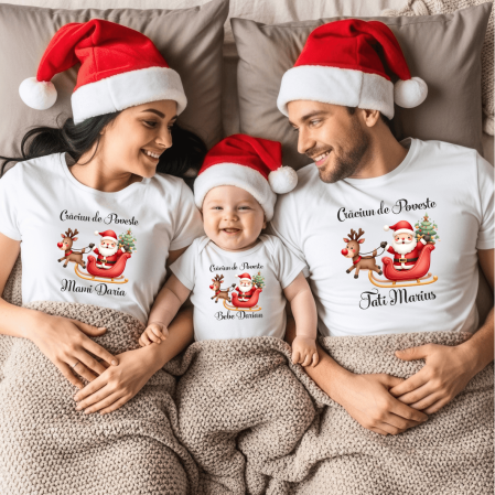 Tricouri personalizate familie - Set tricouri personalizate pentru Crăciun - Moș Crăciun și ren