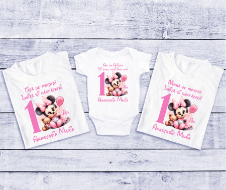 Seturi tricouri personalizate pentru familie aniversare 1 an - Set tricouri personalizate aniversare 1 an - Baby Minnie - Model 20