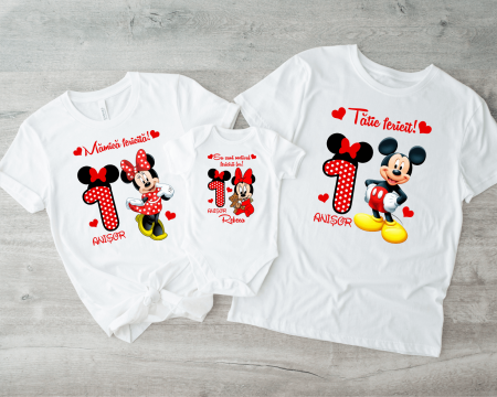 Seturi tricouri personalizate pentru familie aniversare 1 an - Set tricouri personalizate aniversare 1 an - Baby Minnie - Model roșu