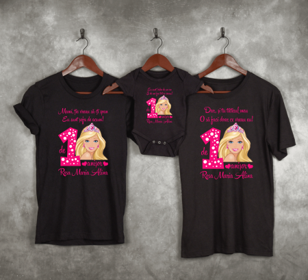 Seturi tricouri personalizate pentru familie aniversare 1 an - Set tricouri personalizate aniversare 1 an - Barbie