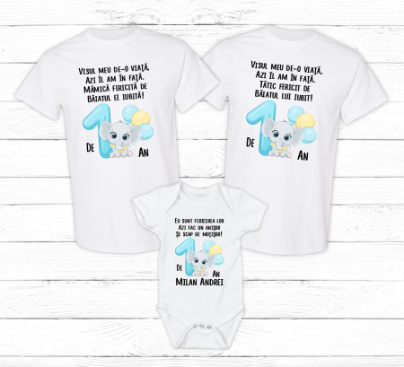 Seturi personalizate băieți - Set tricouri personalizate aniversare 1 an - Elefant - Model băiat