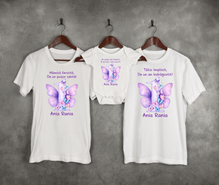 Seturi tricouri personalizate pentru familie aniversare 1 an - Set tricouri personalizate aniversare 1 an - Fluturași
