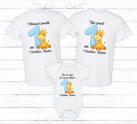 Seturi personalizate băieți - Set tricouri personalizate aniversare 1 an - Girafă