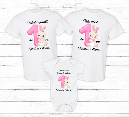 Seturi personalizate fetițe - Set tricouri personalizate aniversare 1 an - Iepuraș