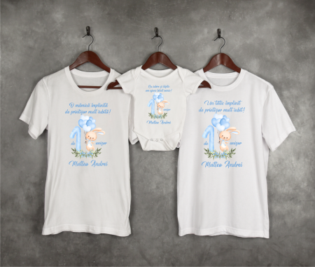 Seturi personalizate băieți - Set tricouri personalizate - Aniversare 1 an - Iepuraș - Model băiețel