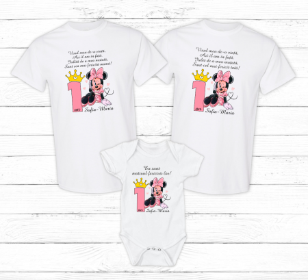 Seturi tricouri personalizate pentru familie aniversare 1 an - Set tricouri personalizate aniversare 1 an - Minnie - Model 10