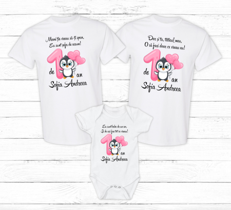 Seturi personalizate fetițe - Set tricouri personalizate aniversare 1 an - Pinguin