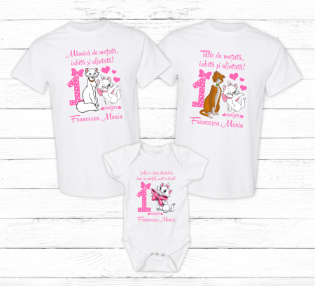 Seturi tricouri personalizate pentru familie aniversare 1 an - Set tricouri personalizate aniversare 1 an - Pisicile Aristocrate