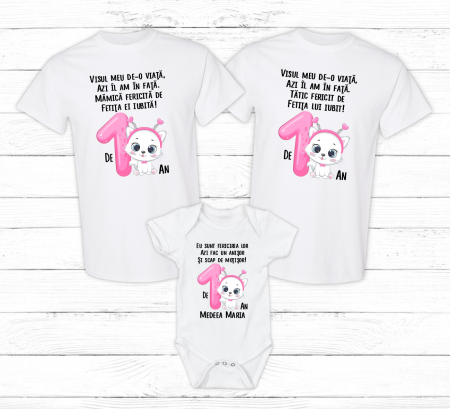 Seturi personalizate fetițe - Set tricouri personalizate aniversare 1 an - Pisicuță