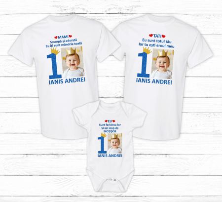 Seturi personalizate băieți - Set tricouri personalizate aniversare 1 an - Poză - Model băiat - Coroană