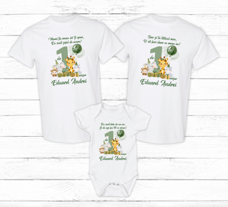 Seturi personalizate băieți - Set tricouri personalizate aniversare 1 an - Safari - Model 2 - Băiețel