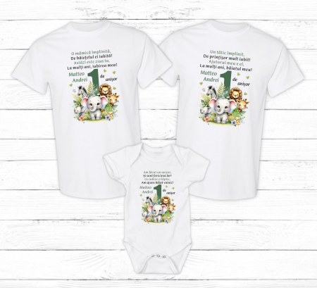 Seturi personalizate băieți - Set tricouri personalizate aniversare 1 an - Safari - Model 21