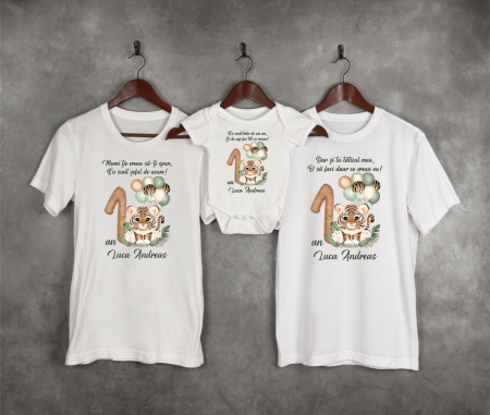 Seturi personalizate băieți - Set tricouri personalizate - Aniversare 1 an - Safari - Tigru