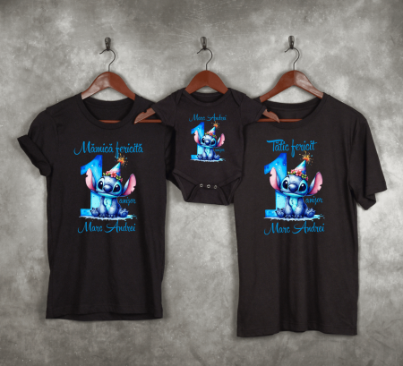 Seturi personalizate băieți - Set tricouri personalizate aniversare 1 an - Stitch