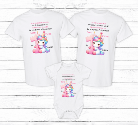 Seturi tricouri personalizate pentru familie aniversare 1 an - Set tricouri personalizate aniversare 1 an - Unicorn - Model 12