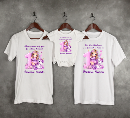 Seturi tricouri personalizate pentru familie aniversare 1 an - Set tricouri personalizate aniversare 1 an - Unicorn - Mov