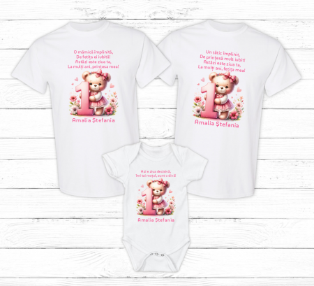 Seturi tricouri personalizate pentru familie aniversare 1 an - Set tricouri personalizate aniversare 1 an - Ursuleț - Model 15