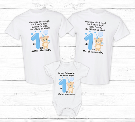 Seturi personalizate băieți - Set tricouri personalizate aniversare 1 an  - Ursuleț - Model 2