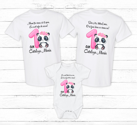 Seturi personalizate fetițe - Set tricouri personalizate aniversare 1 an - Ursuleț panda
