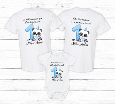 Seturi personalizate băieți - Set tricouri personalizate aniversare 1 an - Ursuleț panda - Model băiat