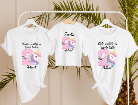 Seturi tricouri personalizate pentru familie aniversare - Set tricouri personalizate aniversare - Unicorn