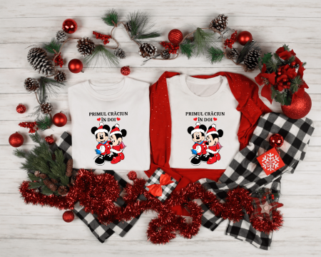 Tricouri personalizate cuplu - Set tricouri personalizate pentru cuplu - Primul Crăciun în doi - Mickey & Minnie
