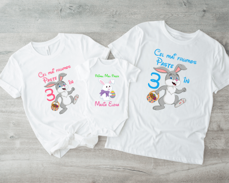 Set tricouri și body familie Paște - Tricouri personalizate familie - Cel mai frumos Paște - Iepuraș - Nume