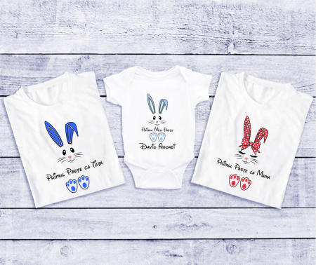 Set tricouri și body familie Paște - Tricouri personalizate familie - Primul Paște ca Mamă - Tată - Model băiat