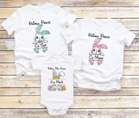 Set tricouri și body familie Paște - Set tricouri personalizate familie - Primul Paște ca mama - tată - Iepurași - Model fetiță