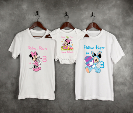 Set tricouri și body familie Paște - Tricouri personalizate familie - Primul Paște în 3 - Baby Minnie