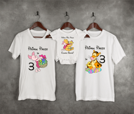 Set tricouri și body familie Paște - Tricouri personalizate familie - Primul Paște în 3 - Winnie the Pooh