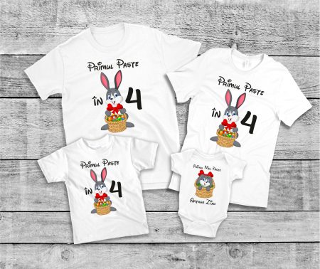Set tricouri și body familie Paște - Set tricouri personalizate familie - Primul Paște în 4 - Iepuraș - Model 3