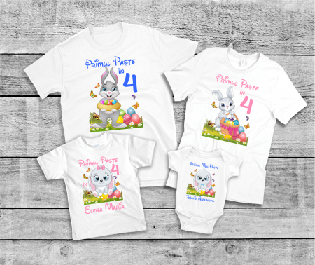 Set tricouri și body familie Paște - Set tricouri personalizate familie - Primul Paște în 4 - Iepuraș - Model băiat