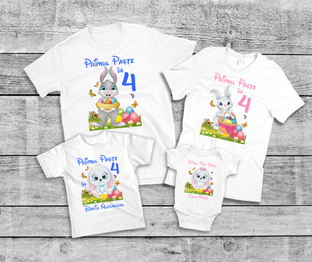 Set tricouri și body familie Paște - Set tricouri personalizate familie - Primul Paște în 4 - Iepuraș - Model fetiță
