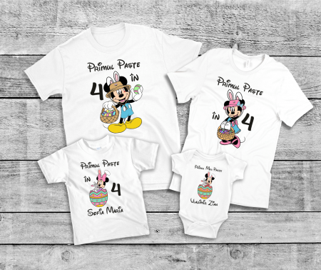 Set tricouri și body familie Paște - Set tricouri personalizate familie - Primul Paște în 4 - Minnie & Mickey - Model băiat