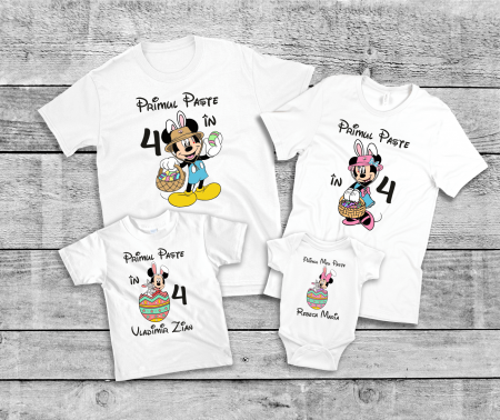 Set tricouri și body familie Paște - Set tricouri personalizate familie - Primul Paște în 4 - Minnie & Mickey - Model fetiță