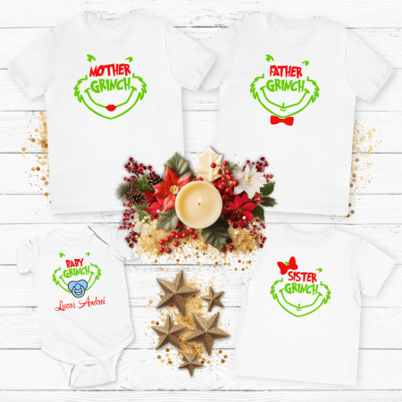 Tricouri personalizate familie - Set tricouri personalizate pentru Crăciun - Familia Grinch - Model băiețel - Model 2
