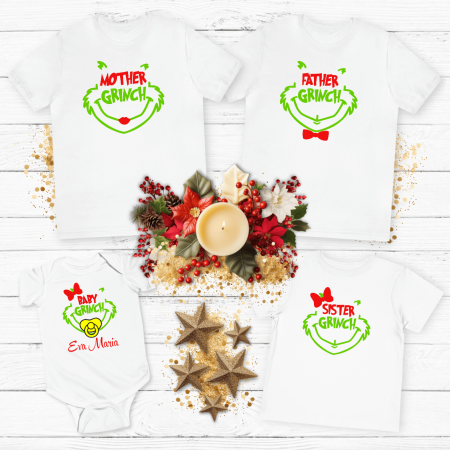 Tricouri personalizate familie - Set tricouri personalizate pentru Crăciun - Familia Grinch - Model fetiță - Model 1