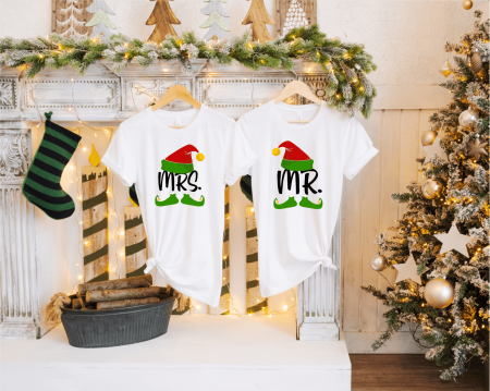 Tricouri personalizate cuplu - Set tricouri personalizate pentru cuplu - Mr. & Mrs. - Elf