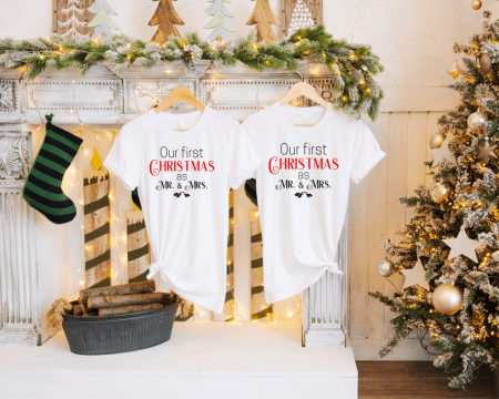 Tricouri personalizate cuplu - Set tricouri personalizate pentru cuplu - Our first Christmas as Mr. & Mrs.